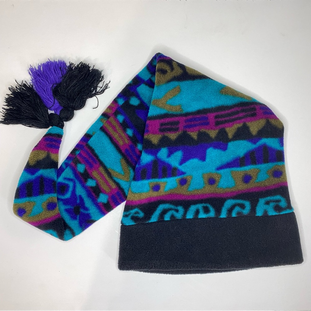 Aztec Beanie Scarf Fleece Tassel Extra Long Pointy Hat Black Turquoise Blue